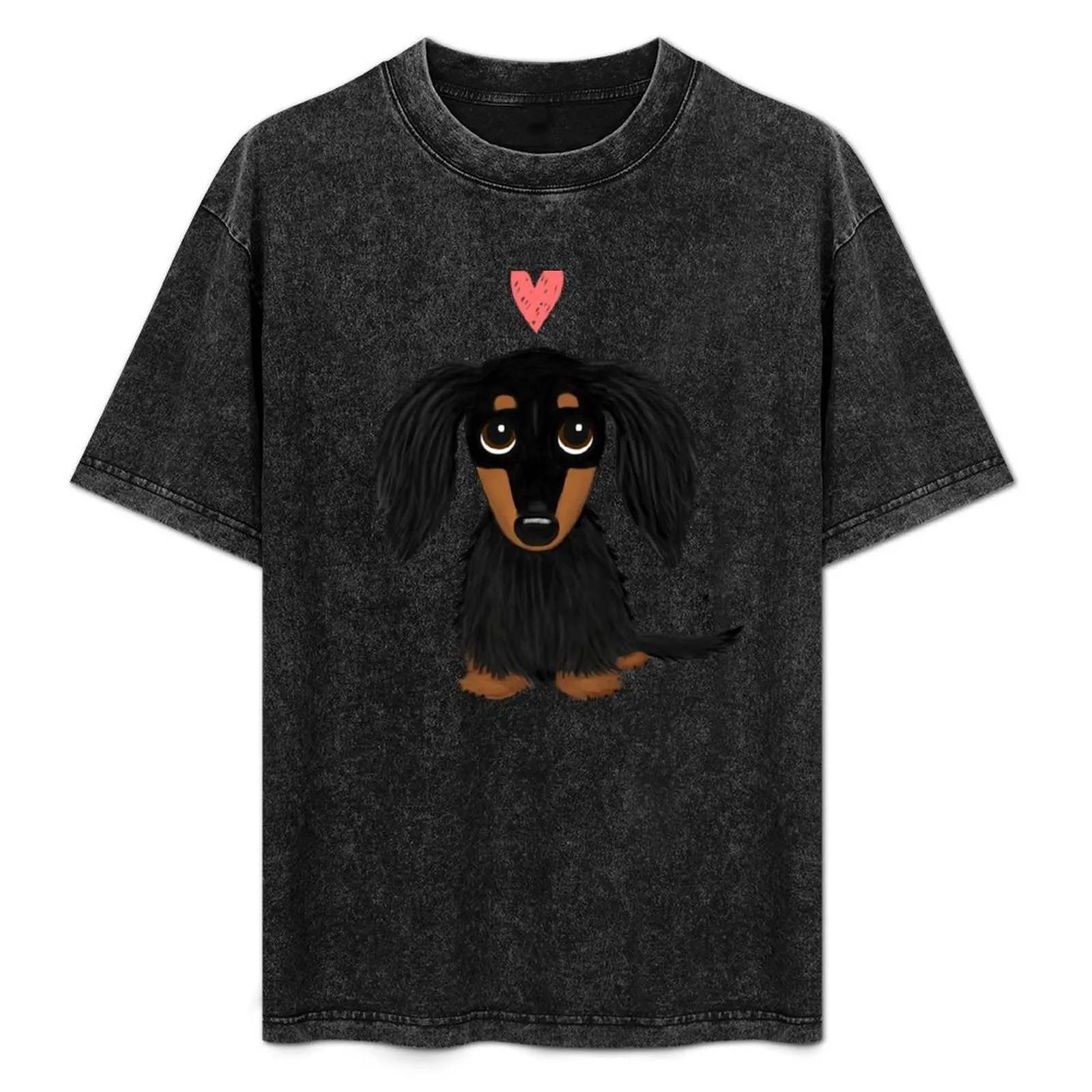 

Black and Tan Longhaired Dachshund Cartoon Dog with Heart T-Shirt summer top cute tops man t shirt clothing for men