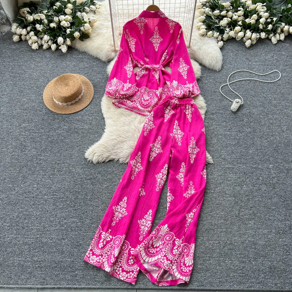 Set sexy in due pezzi Top chic con stampa polo e set di pantaloni a gamba larga a vita alta Hotsweet alla moda