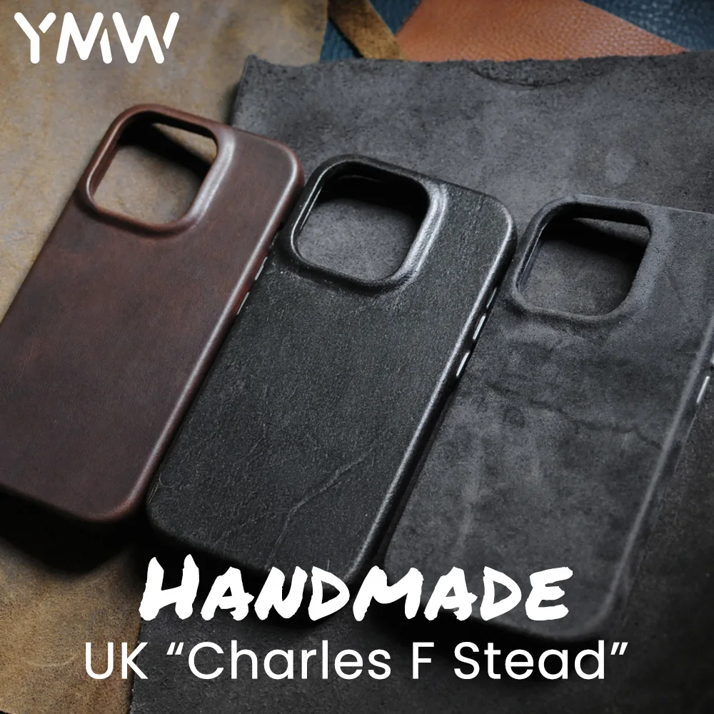 YMW Magnetic Genuine Leather Case for iPhone 14 Pro Max Plus Charles F Stead Business Retro Natural Cowhide Phone Cases Cover