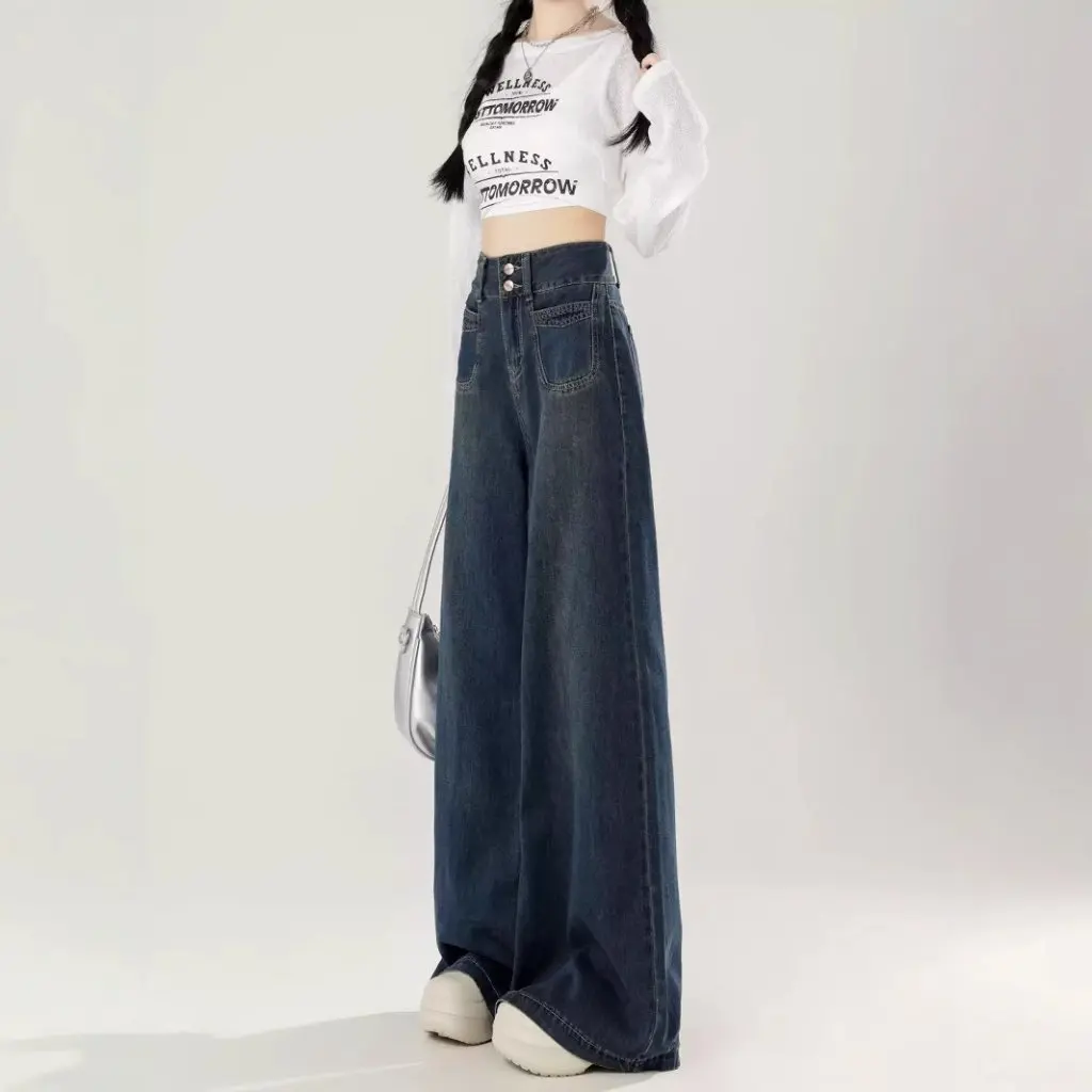 Women's High Waist Wide Leg Jeans American Style Retro plus Size Loose Slim-fit Pants for Spring And Autumn