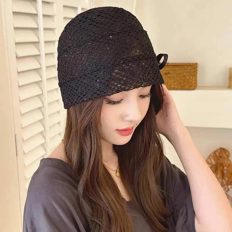 

Вязаные шапки с кружевным бантом для женщин, дышащие шапочки, пуловер, летняя мода, корейский универсальный дизайн, женские шапки