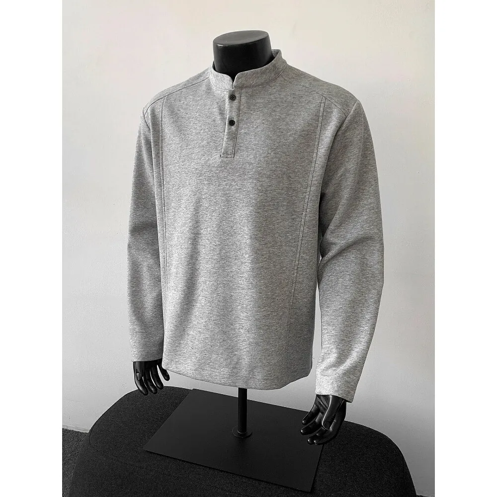 Men's Long Sleeve Fleece Lined Thickened Henry Collar T-shirt American Style Inner Wear Base Shirt Hoodie Casual Loose Fit