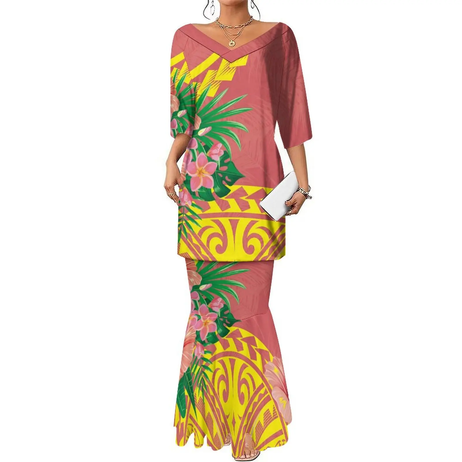 2024 Nieuwe Polynesische Puletasi Custom Tribal Bloemenprint Zomer Dames Maxi Banket Elegante Fishtail Jurk Temperament Jurk