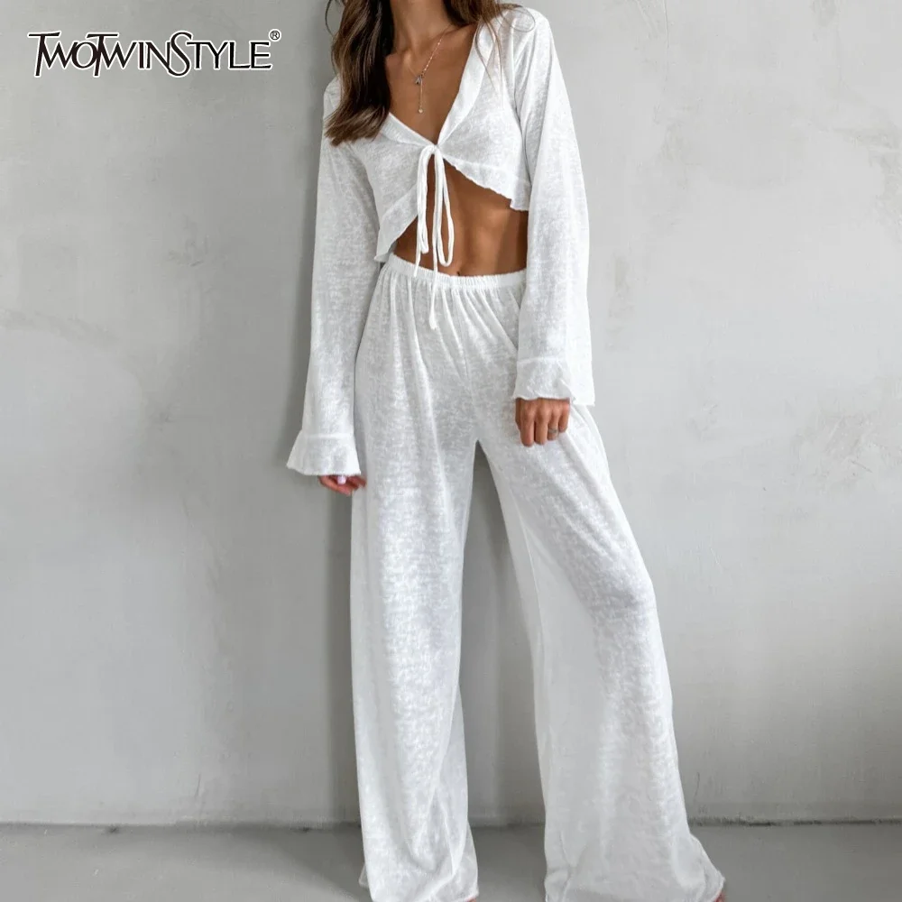 

TWOTWINSTYLE Solid Two Piece Set for Women V Neck Long Sleevespliced Lace Up Top High Waist Loose Pant Sets Female