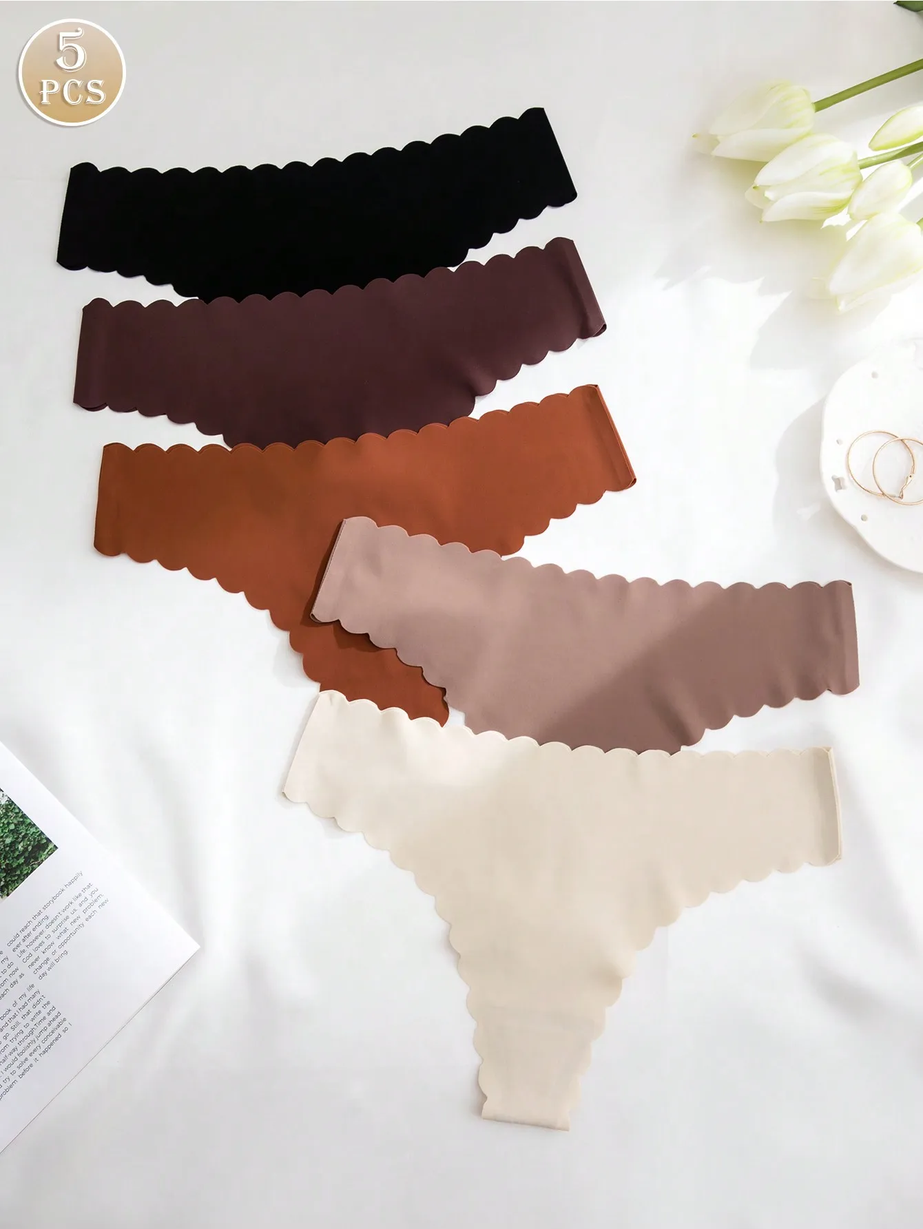 Lot de 5 Culottes Thong Femme en Soie Glacée Sans Couture à Bord Ondulé, Taille Basse, Couleur Unie, Invisibles, Sans Trace, T-back