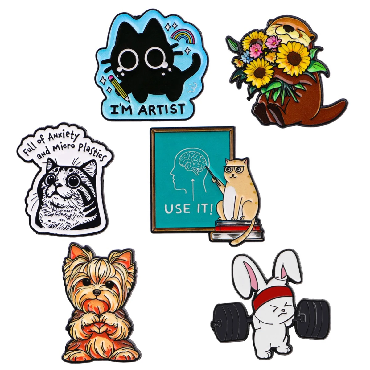 Cartoon Schwarze Katze Emaille-Anstecknadel Niedliche Hunde-Brosche Lustige Otter-Abzeichen Modische Reversnadel für Rucksack Geschenk für Tierliebhaber