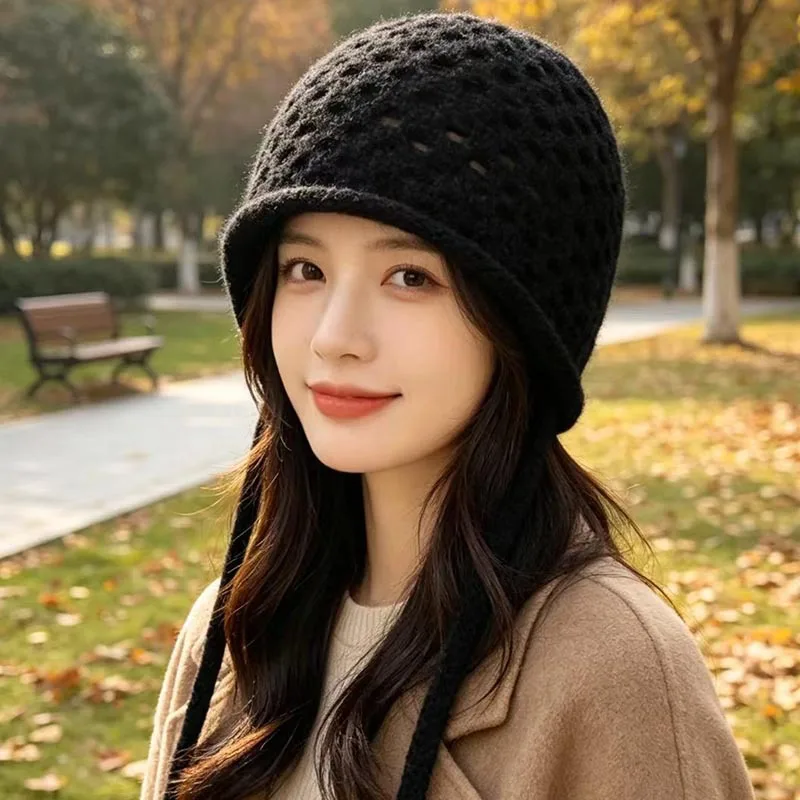 Japanese Style Hollow Ear Protector Knitted Hat Women's Autumn Winter Lace-up Headgear Retro Woven Woolen Hat Outdoor Outing