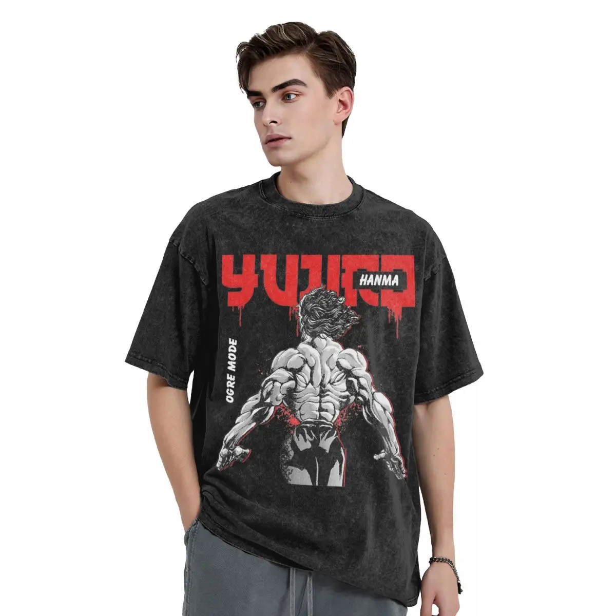 Washed T Shirt Yujiro The Demon Back Baki Hanma Hip Hop Vintage T-Shirts High Street Anime Printed Tops Tee Shirt Men Women