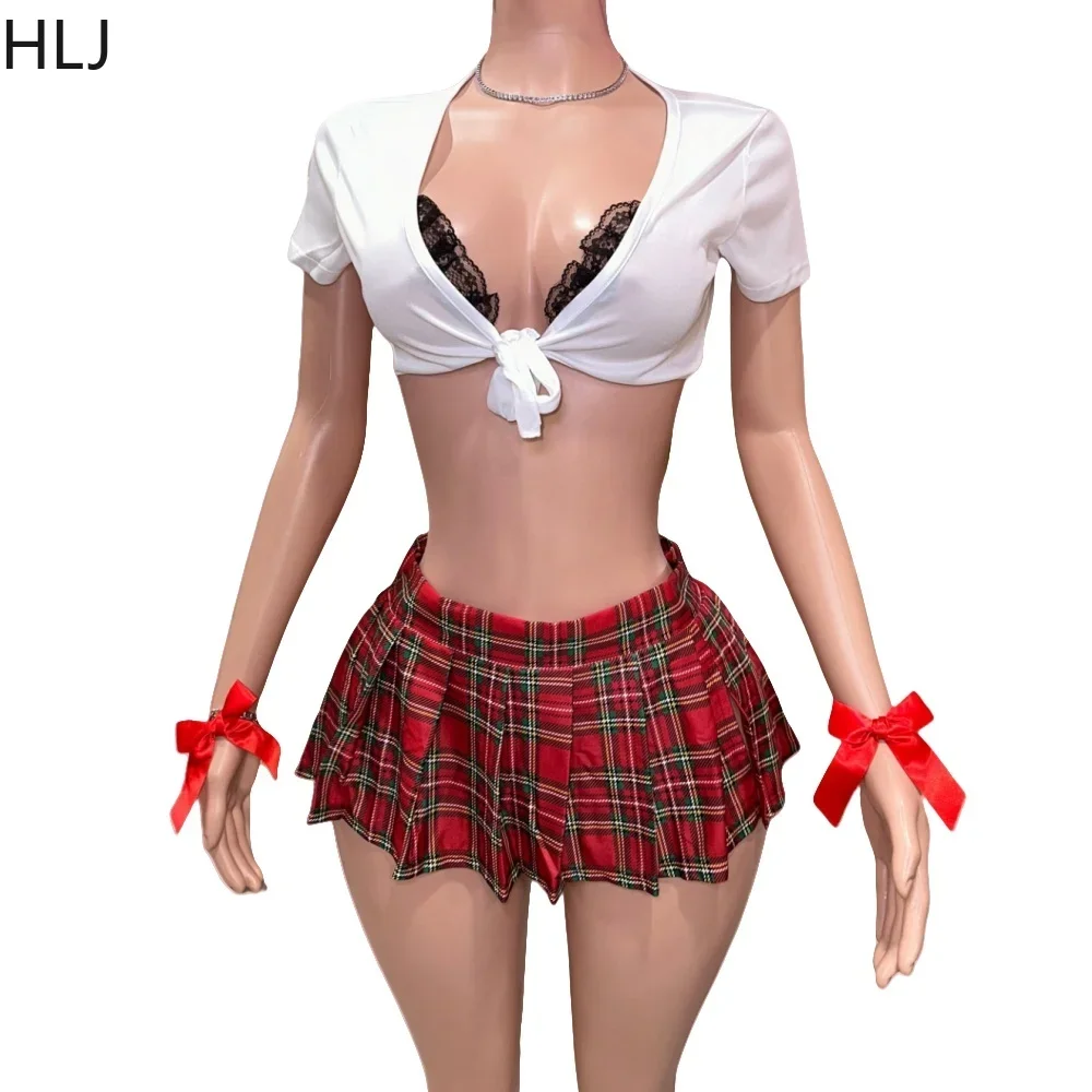 HLJ Sexy Deep V Bandage Plaid Pleated Mini Skirts Two Piece Ses Women Short Sleeve Slim Crop Top + Skirts Outfits Y2K Streetwear