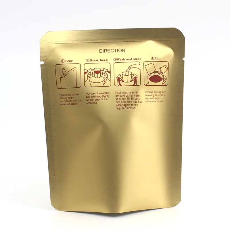 100pcs Wholesale Matte Gold Open Top Package Bags with Tear Notch Heat Sealable Drip Coffee Lugs Outer Pouches