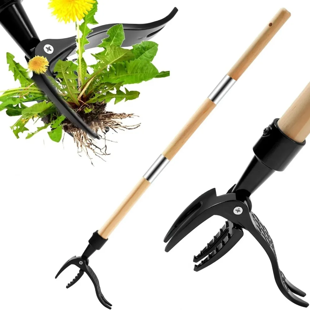 Stand Up Weed Puller Tool Long Handle Bamboo Weeder 4-Claw Steel Head Manual Weed Remover for Lawn Yard Garden