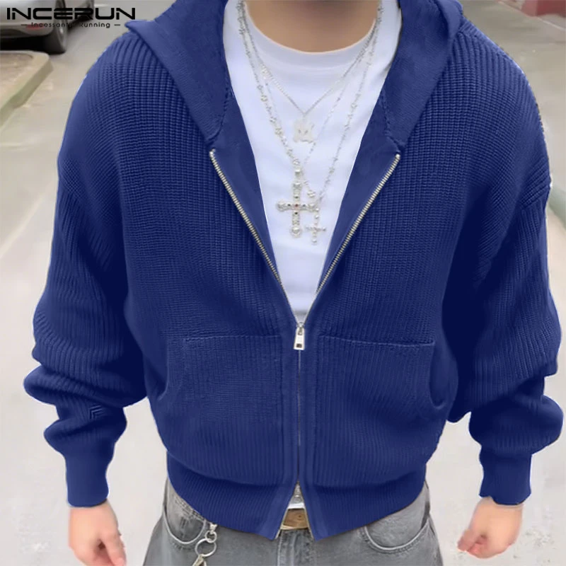 

INCERUN Men Cardigan Solid Color Knitted Hooded Long Sleeve Male Sweater Streetwear Autumn Winter Zipper Casual Sweater Coats