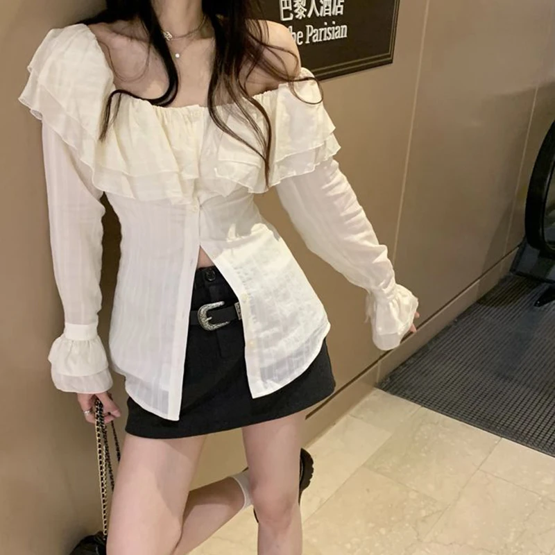 Slash Neck Shirts Women Streetwear Ruffles Flare Long Sleeve Slim Blouses Office Lady Korean Elegant Off Shoulder Casual Tops