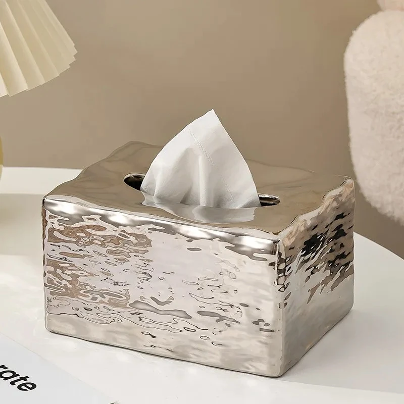 Water Ripple Ceramic Tissue Box Coffee Table Desk Decoration Minimalism Silver-plated Tissue Box Bedside Table Paper Towel Case