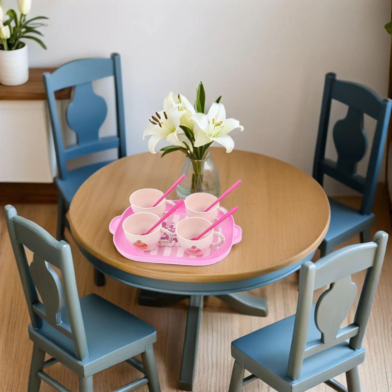 

1Set Children's Pretend Play Plastic Tea Set for Little Girls Colorful Teapot Cups Saucers Tray Kids Kitchen Party Accessories