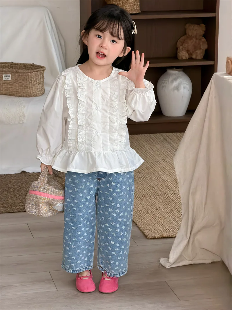 1534 Children's Denim Trousers 2026 Spring and Summer New Printed Baby Girl's Denim Pant Elastic Waist Pants.