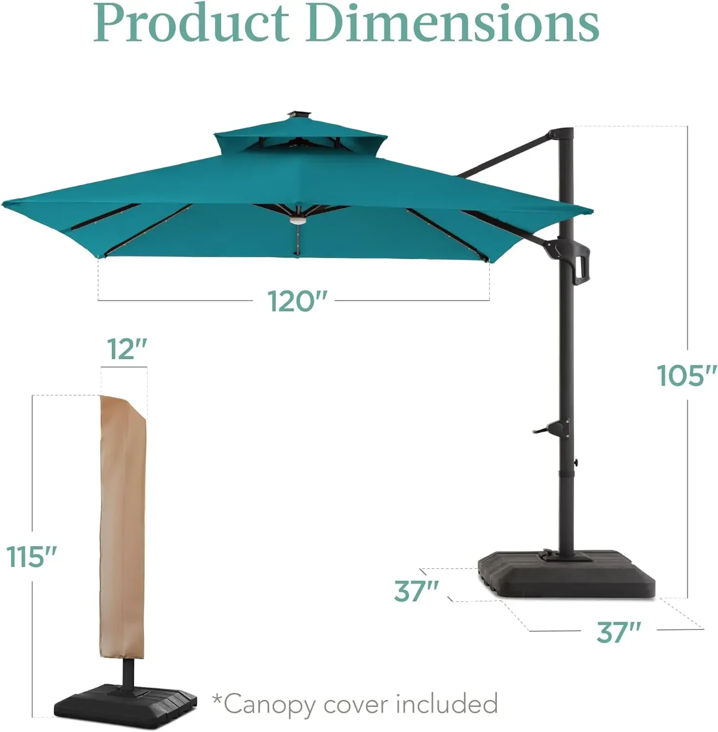 10x10ft Dubbellaagse Vierkante Paraplu Met Led-Verlichting Op Zonne-Energie, Achtertuin Offset Ophanging Buiten Zonnescherm, 360 Graden Rotatie