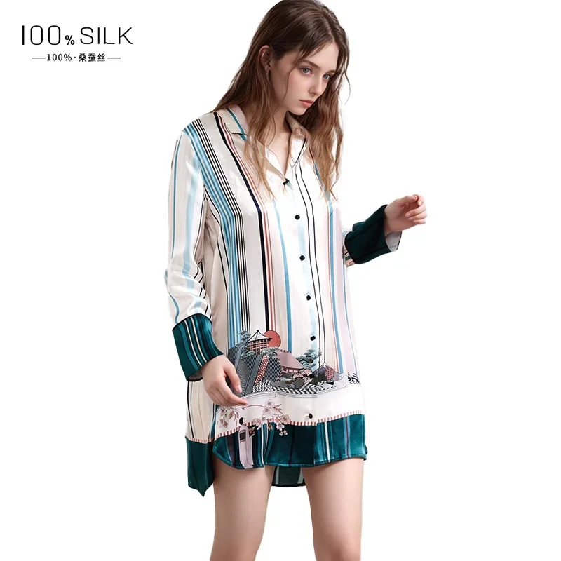 

Шелковая женская ночная рубашка 19 момме из 100% натурального шелка, сексуальная, с принтом, на пуговицах, с отложным воротником, пижамное платье