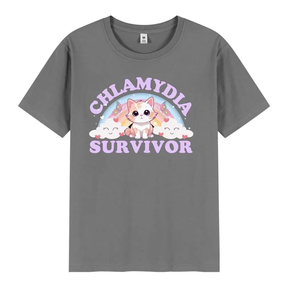 Chlamydia Survivor T Shirt Funny Cat Meme T-shirt Y2k Fashion T Shirts Casual O-Neck Print T-shirts Oversized Top Unisex