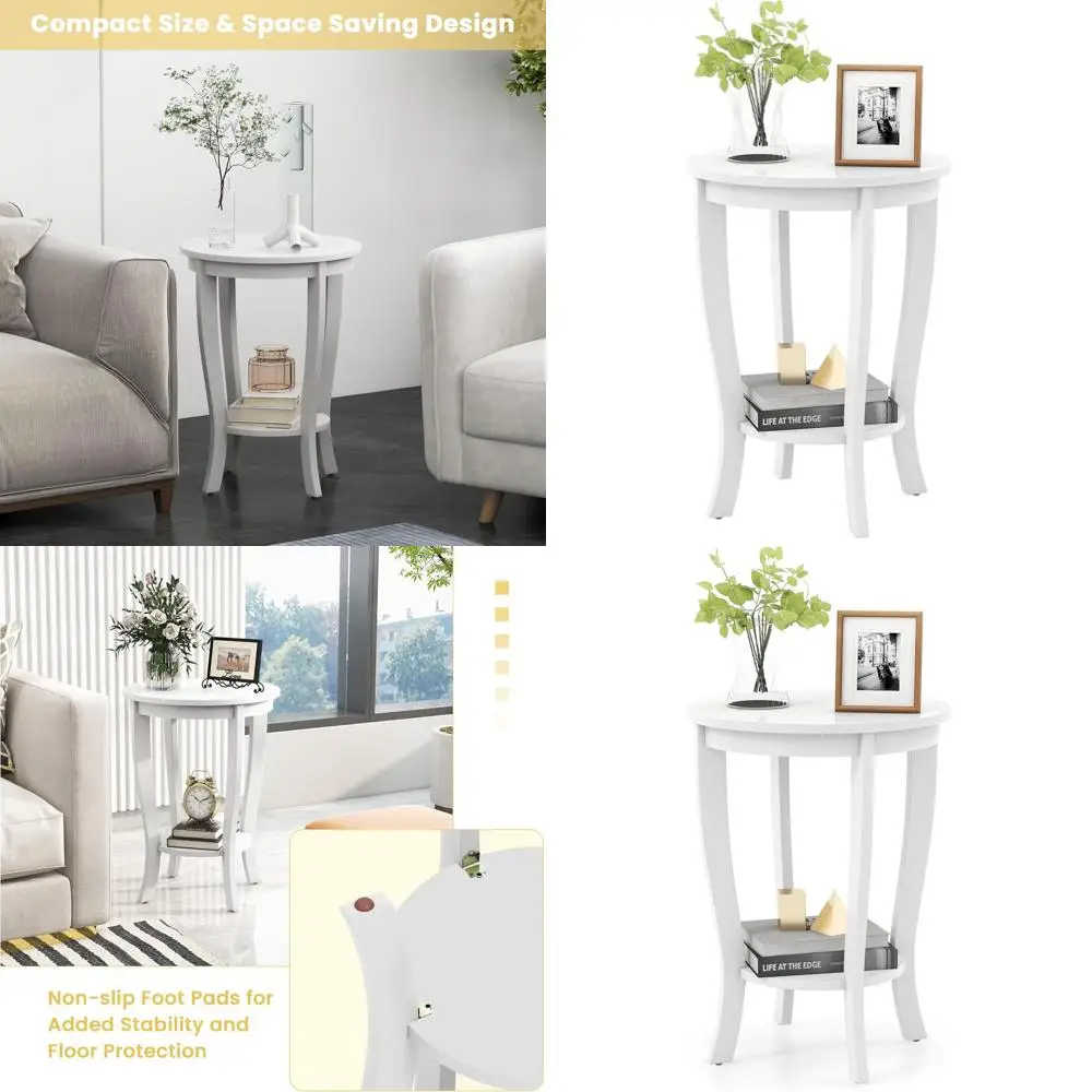 

Круглый двухуровневый приставной столик с местом для хранения, 18-дюймовый приставной столик, ножки из массива дерева, идеально подходит для небольших помещений, белый
