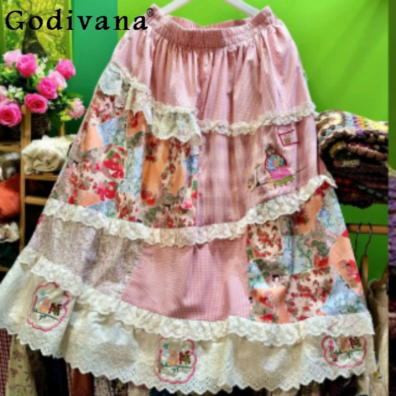 

Новая модная длинная юбка-клеш 2026 года с кружевными и клетчатыми вставками, эластичной талией, свободного кроя, универсальная, повседневная, розовая