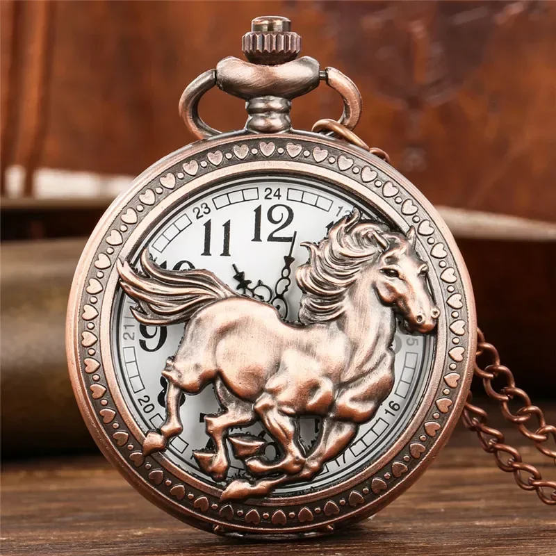 Vintage Hollow Animal Horse Design Men Women Quartz Analog Pocket Watch Rose Gold Necklace Pendant Chain Collectable Timepiece