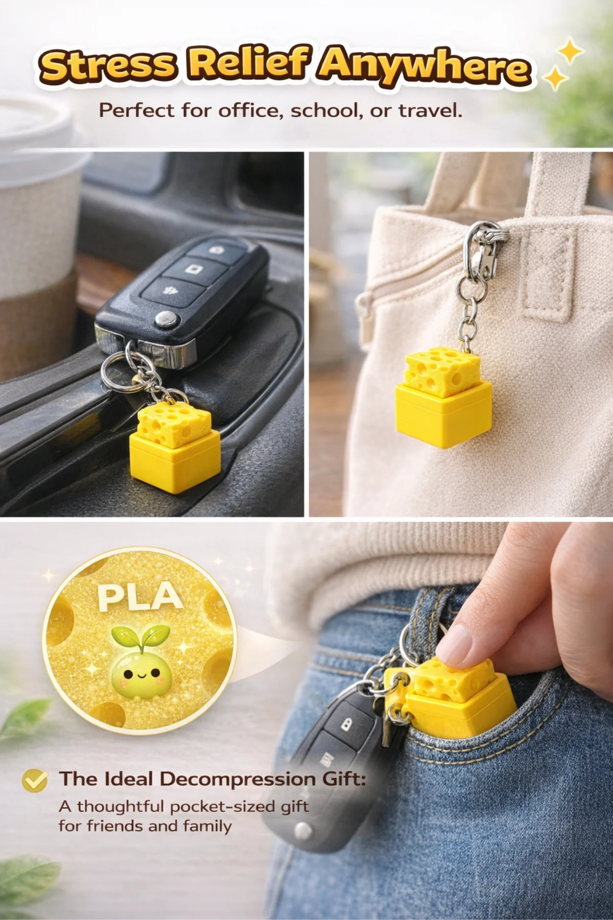 Käse-Clicker Fidget-Schlüsselanhänger, Käse-Tastatur-Stil Sensorisches Spielzeug zur Stresslinderung, Angst- und ADHS-Behandlung, Entspannungsgeschenk für Kinder – Detail 4