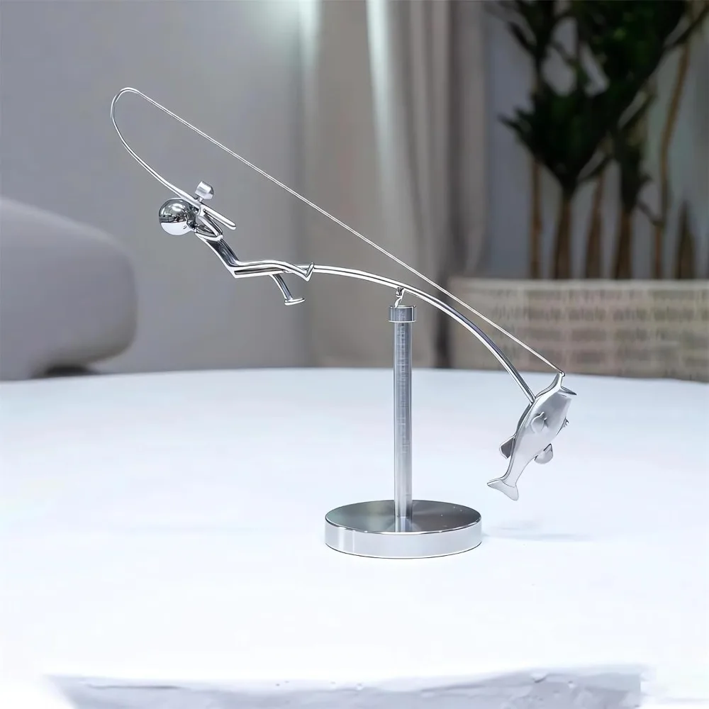 Handmade Kinetic Fishing Sculpture Metal Gift The Fisherman Balancing Sculpture Desk Ornament Kinetic Balance Art Statue