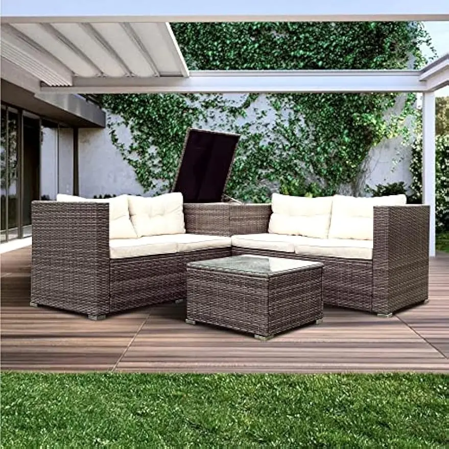 4Pieces PE Rattan Wicker Outdoor Patio Furniture Set, Conversation Sectional Sofa with Tempered Glass Table and Storage Box