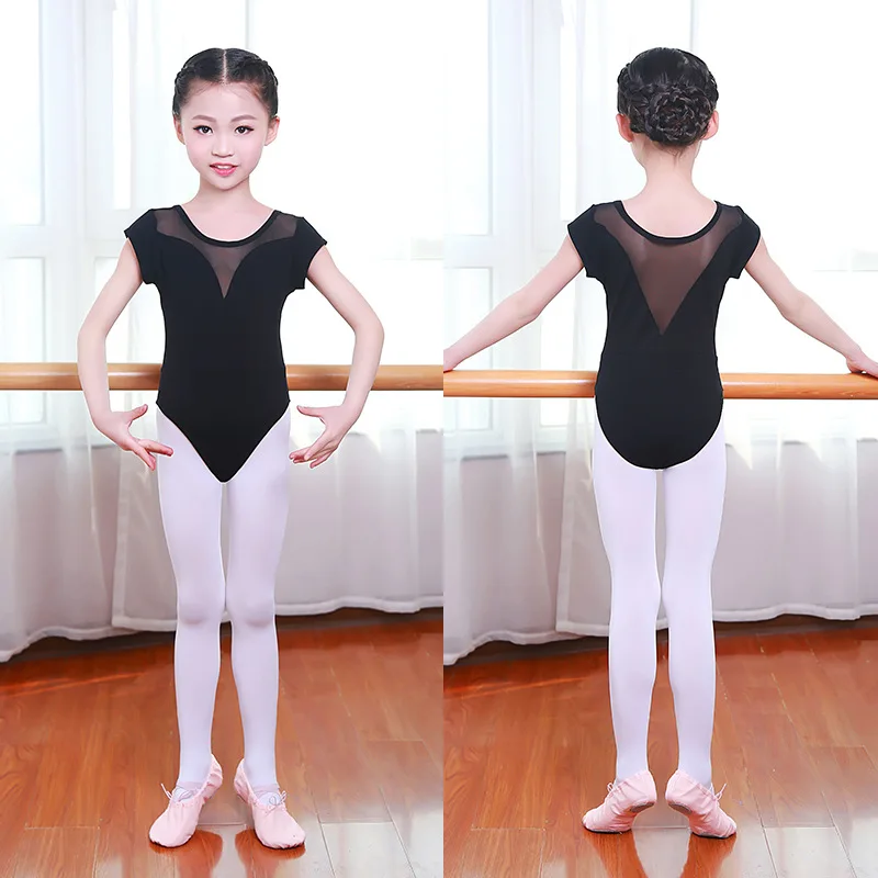 Bé Gái Tuổi Teen Ba Lê Leotard Lưới Chia Thể Dục Dụng Cụ Leotards Váy Múa Bodysuit Đen Tay Ngắn Trẻ Em Ba Lê Trang Phục