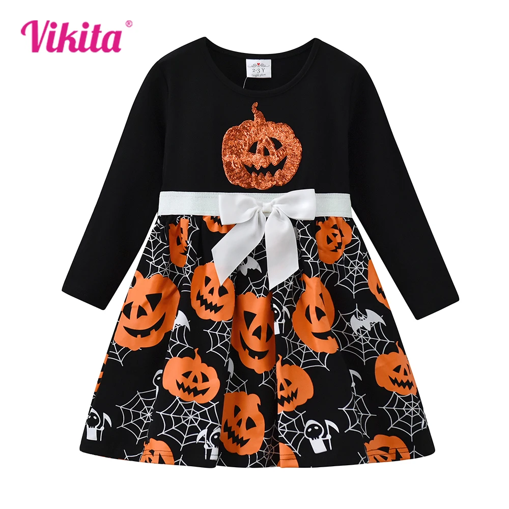 VIKITA Children Clothing for Halloween Girls Pumpkin Witch Spider Web Long Sleeve Autumn Dress Kids Festival Party Cosplay