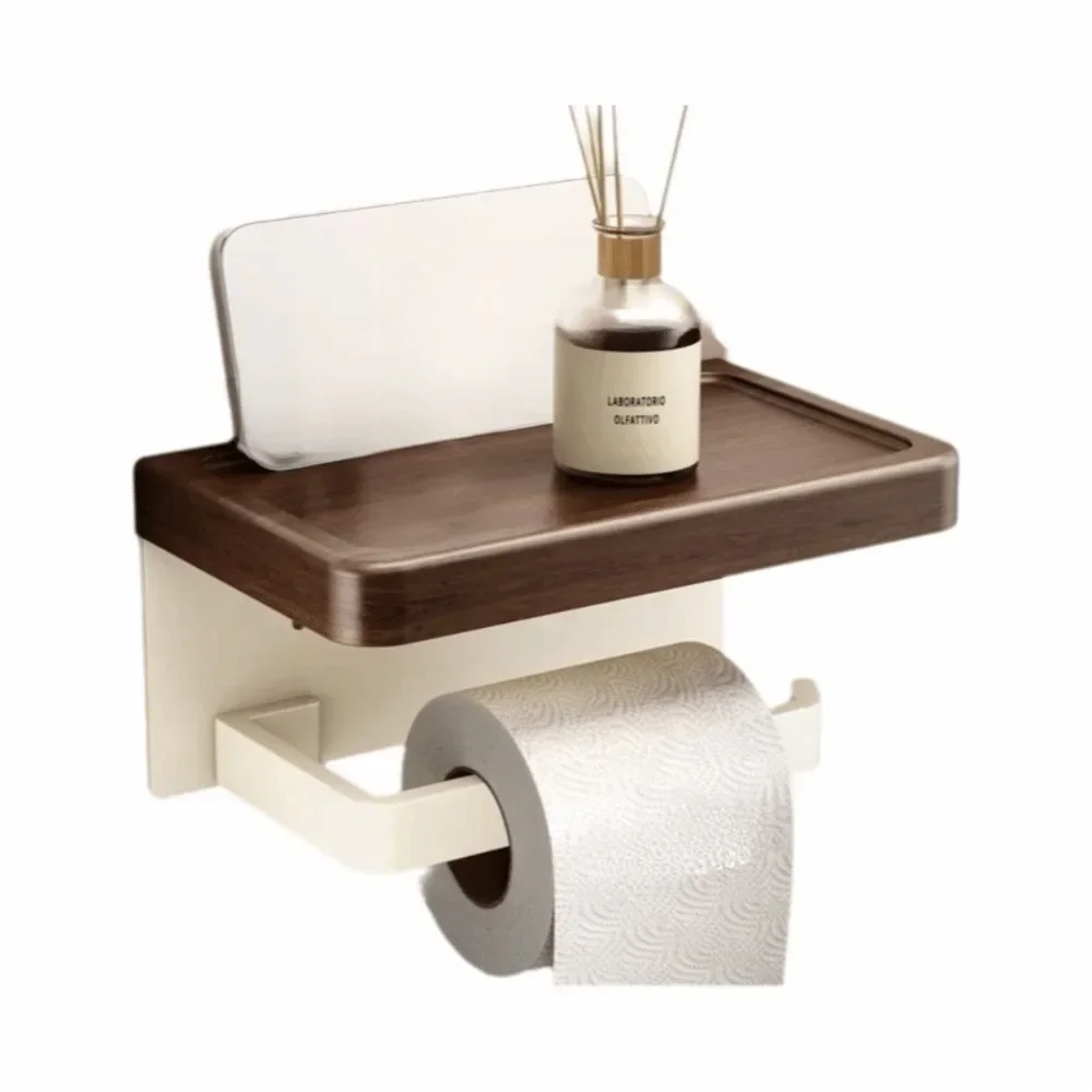 Wood Material Wall-Mounted Toilet Paper Holder with Storage Tray Waterproof Bathroom Tissue Roll Rack Rust-proof Space Saving