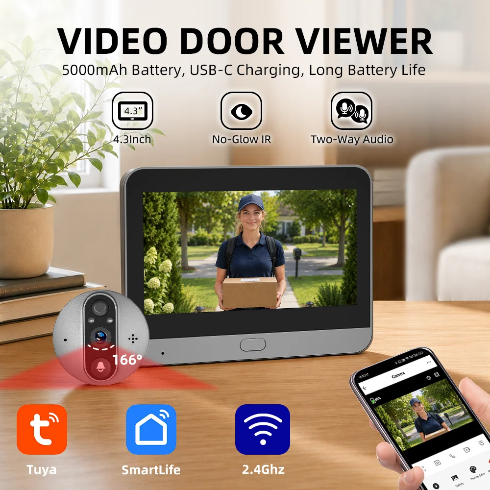 3MP Smart Life Tuya 1080P WiFi Door Bell Magic Eye Battery Powered Peephole PIR 940NM No Glow Night Vision Camera Digital Viewer