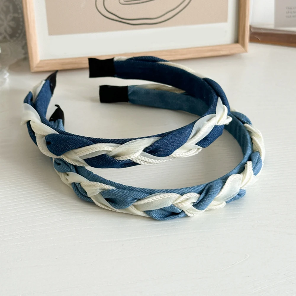 Fashion Denim Cross Woven Headband For Women Blue White Mesh Braided Twist Hair Hoop Hairband Girls Hair Accessories Headwear