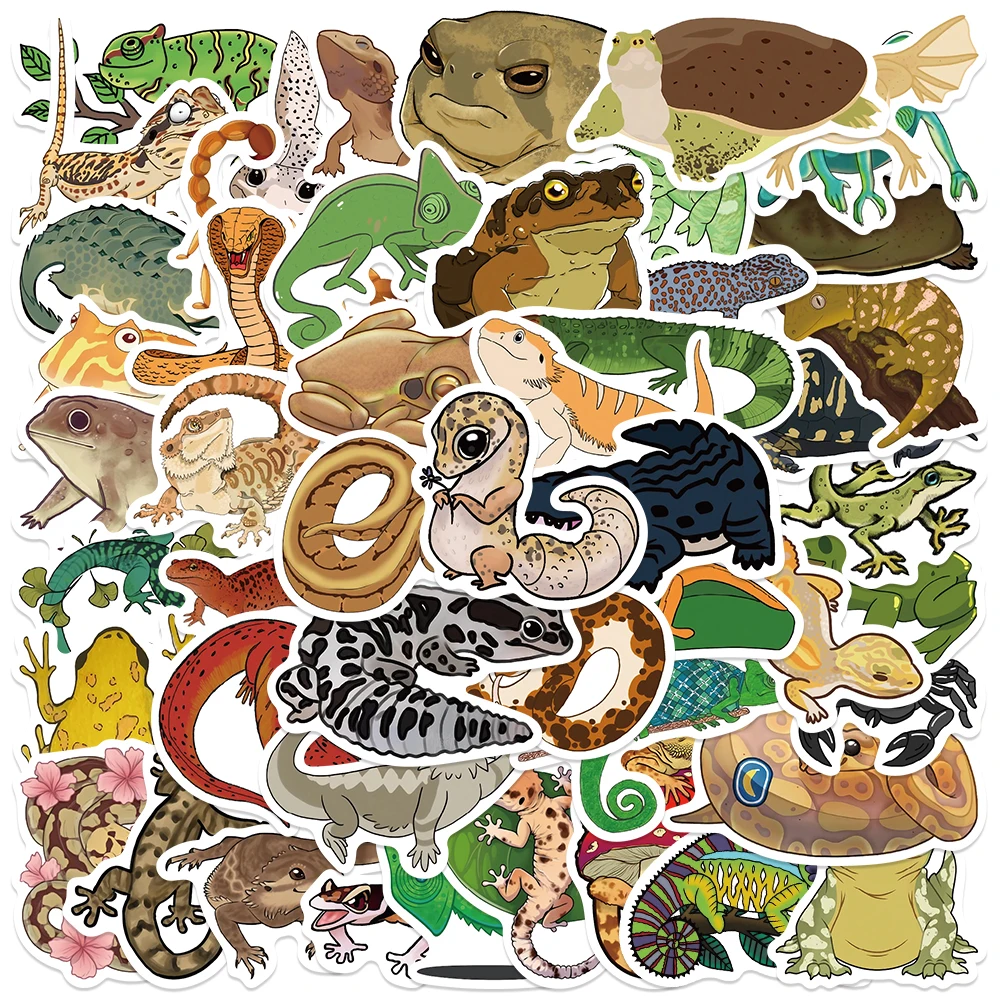 50pcs Cartoon Cute Reptiles Snake Frog Lizard Stickers Decals For Phone Laptop Luggage Scrapbook Guitar Waterproof Stickers