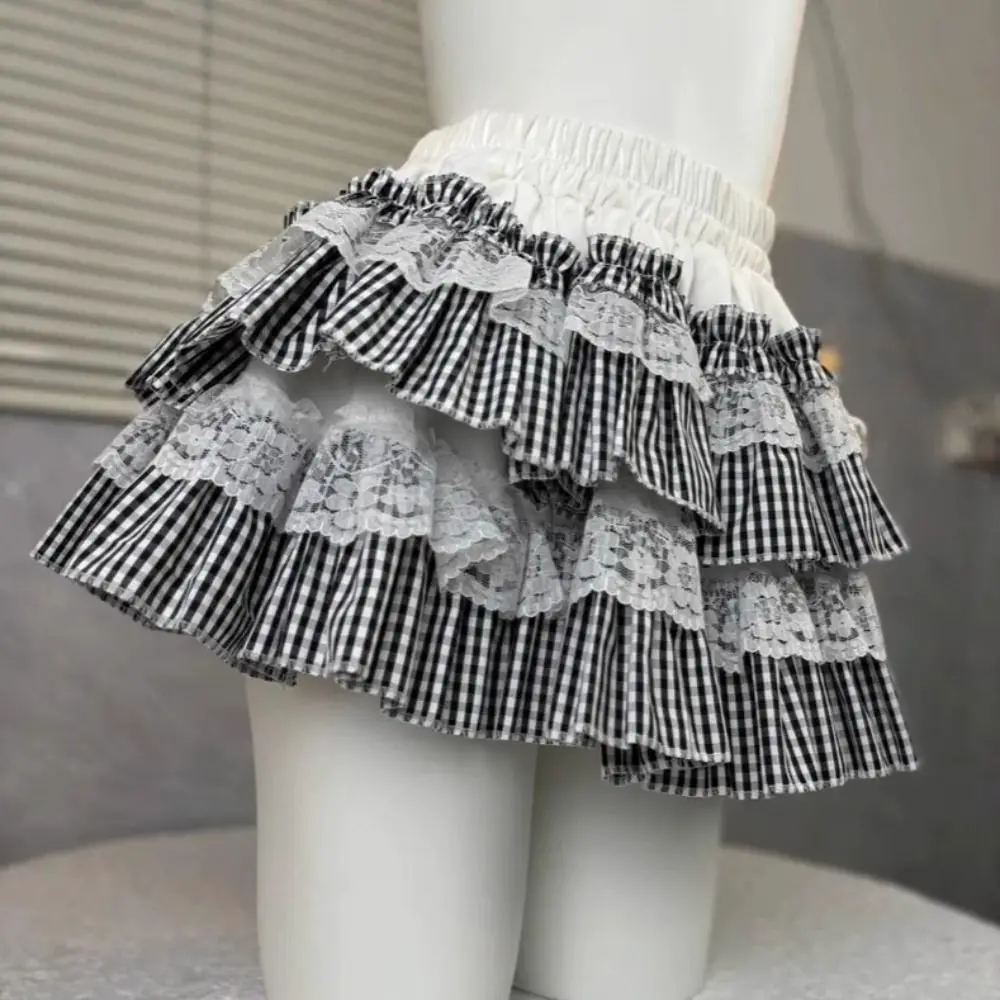 Lolita Lace Grid Cake Skirt Plaid Stripe High Waist JK A-line Short Skirt Sweet with Safety Pants Lace Pleated Mini Skirts Lady