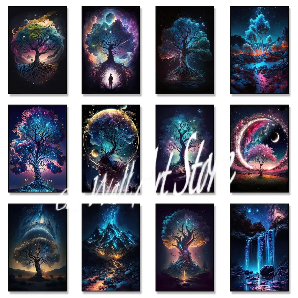 Flashing Magic Life Tree Posters Printmaking Galaxy Aurora Plant Canvas Art Natural Beauty Home Decor Wall Living Room Painting