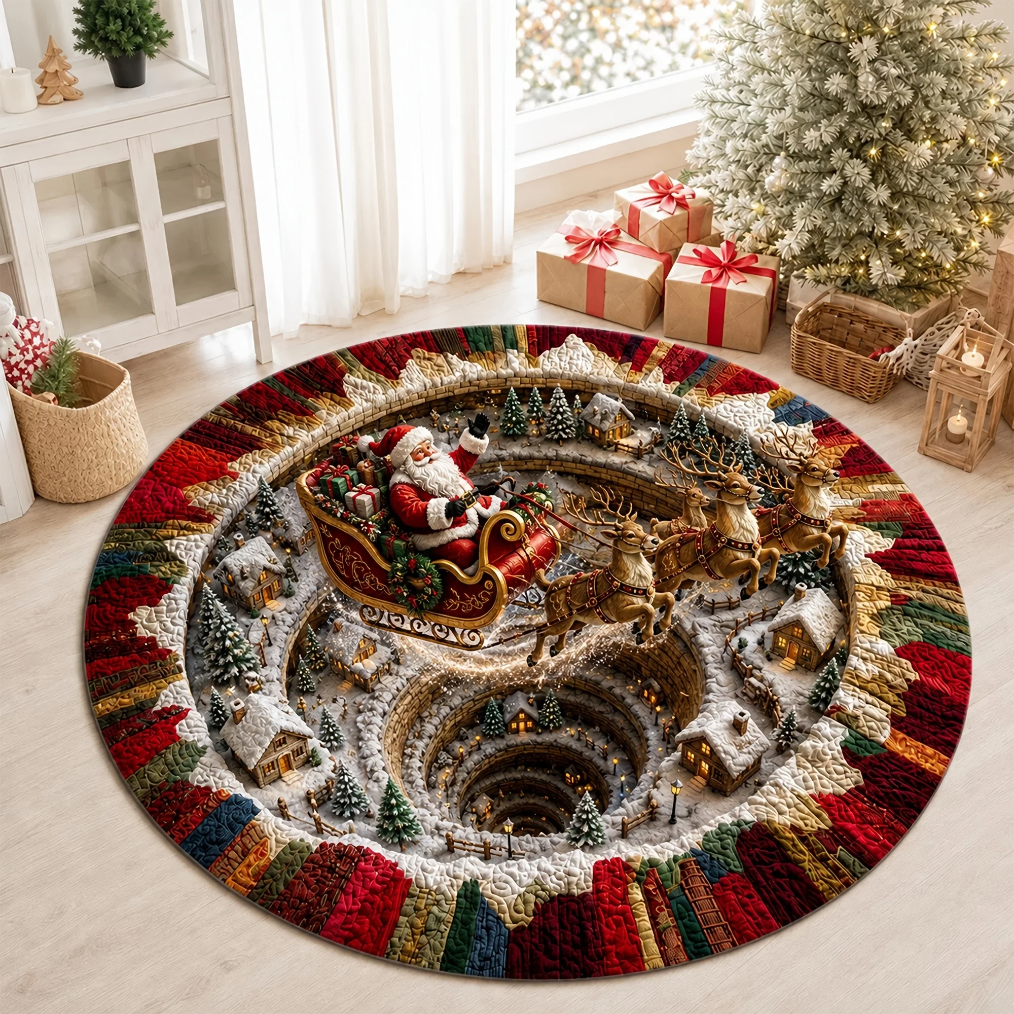 Xmas Vortex Santa Sleigh Round Rug Patchwork Pine Snow Village Pattern Printed Floor Carpet Indoor Decor for Living Room Space