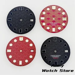 28.5mm Fish Scale Pattern Watch Dial Red black Dial Green Luminous For NH34 NH35 Movement 3 o'clock and 3.8 crown Watch Parts