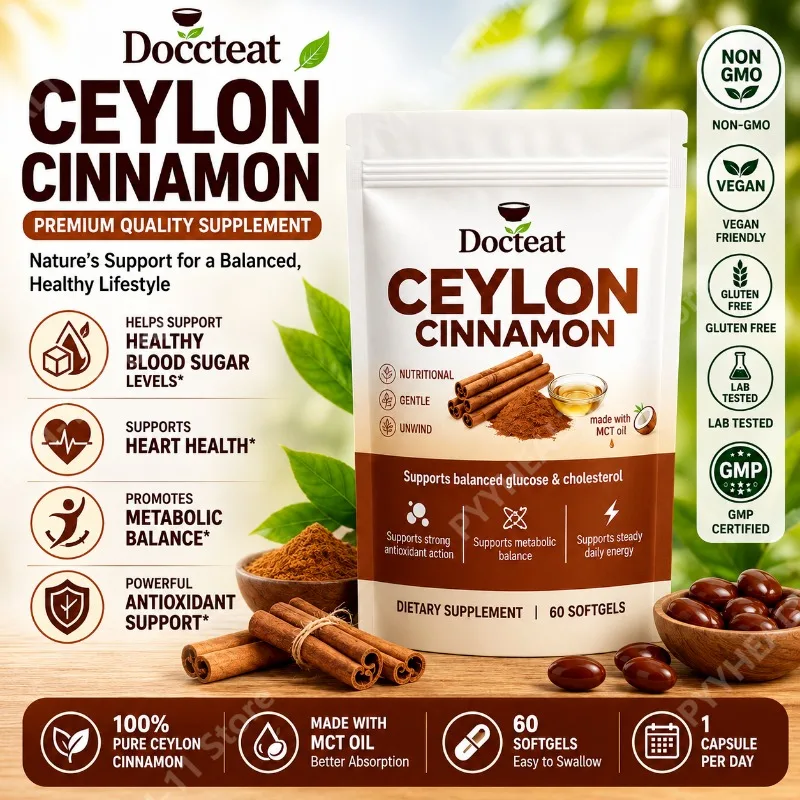 Docteat Ceylon Cinnamon Softgels Daily Wellness Support with MCT Oil Vitamin B6 B12 Chromium for Adults 60 Softgels
