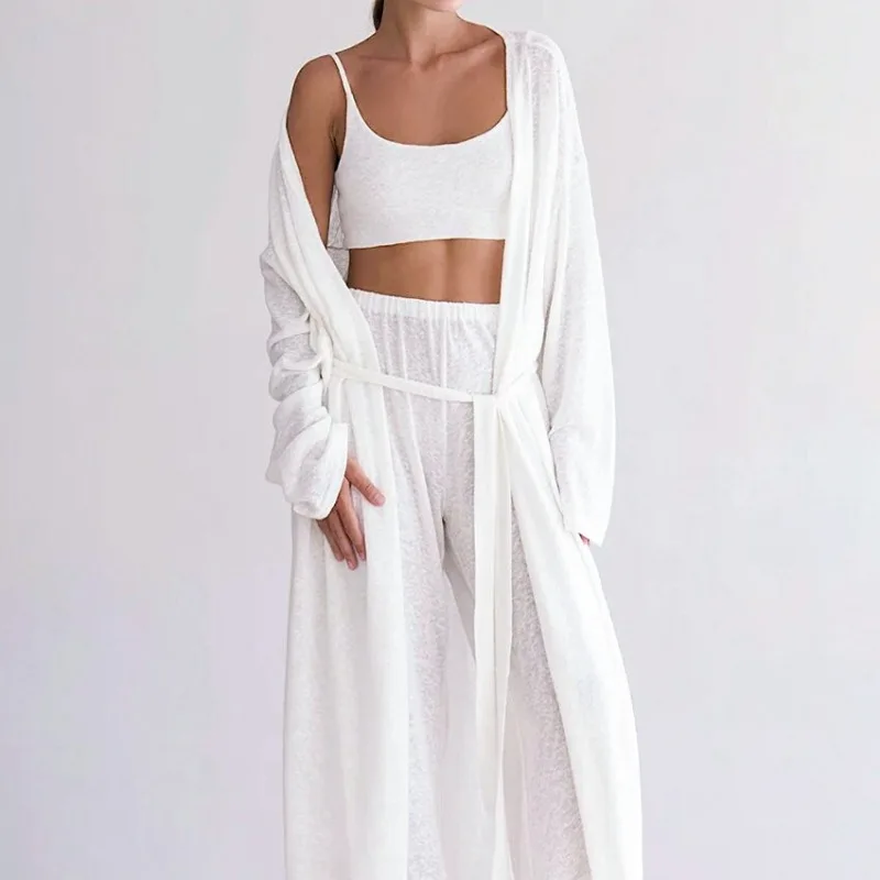 

2026 Women's Three Piece Set Knitted Ice Silk Cotton Suspender Underwear Long Nightgown Pajamas Autumn Lounge wear Style L