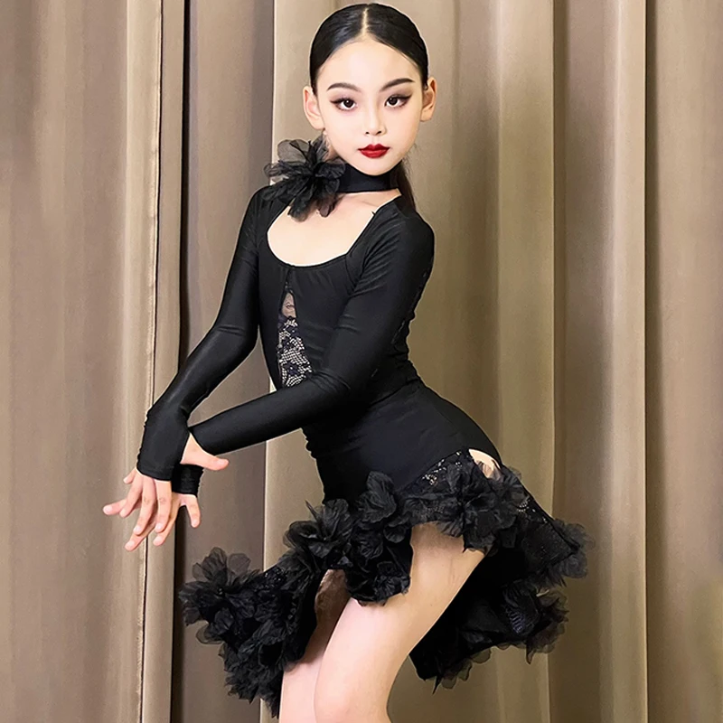 Kids Latin Dance Clothes Girls Long Sleeves Black Lace Dress Cha Cha Rumba Performance Costume Latin Competition Dress DNV21182