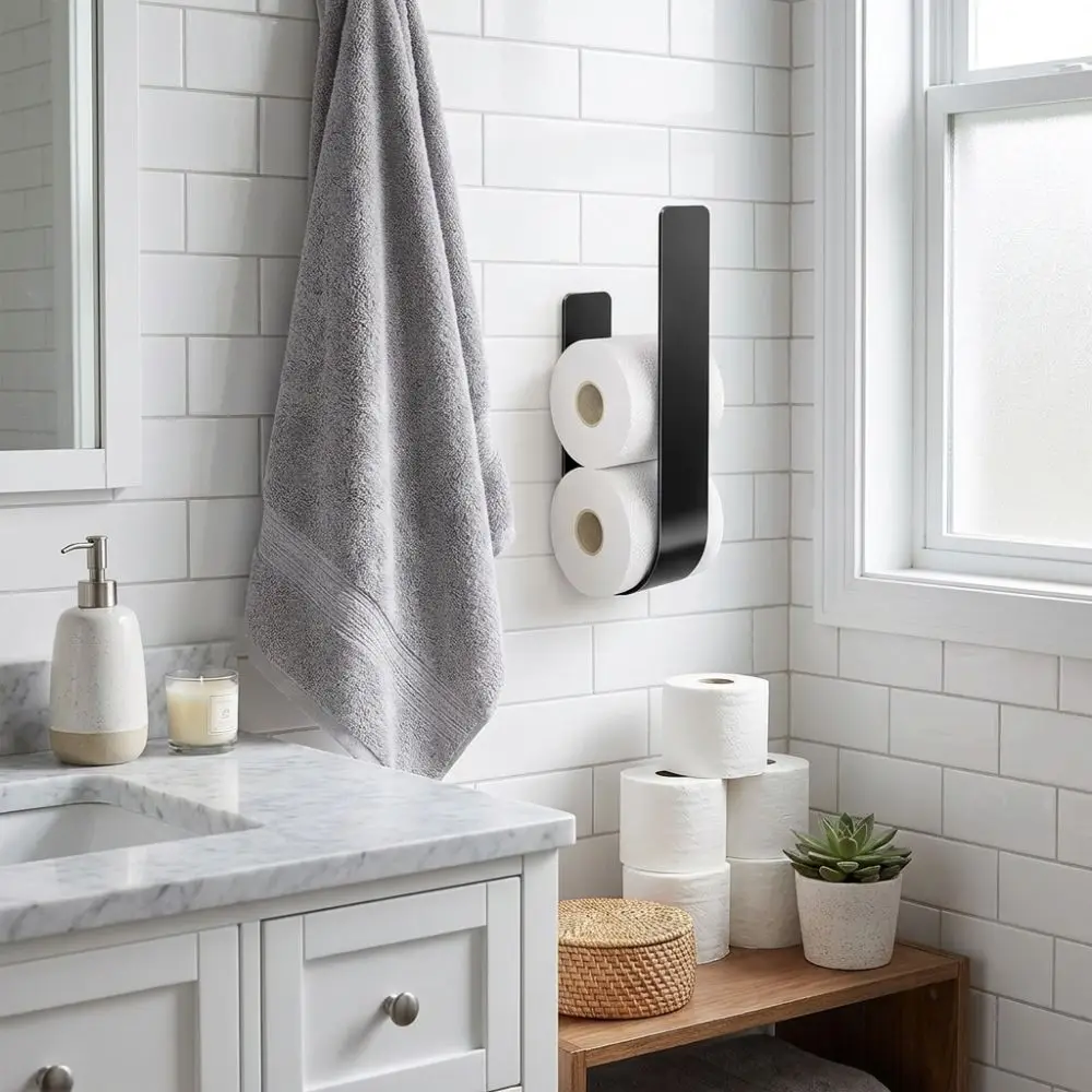 

Wall-Mounted Toilet Paper Holder U Shaped Storage Hooks Toilet Roll Organizer Self-adhesive Space-Saving Tissue Storage Shelf
