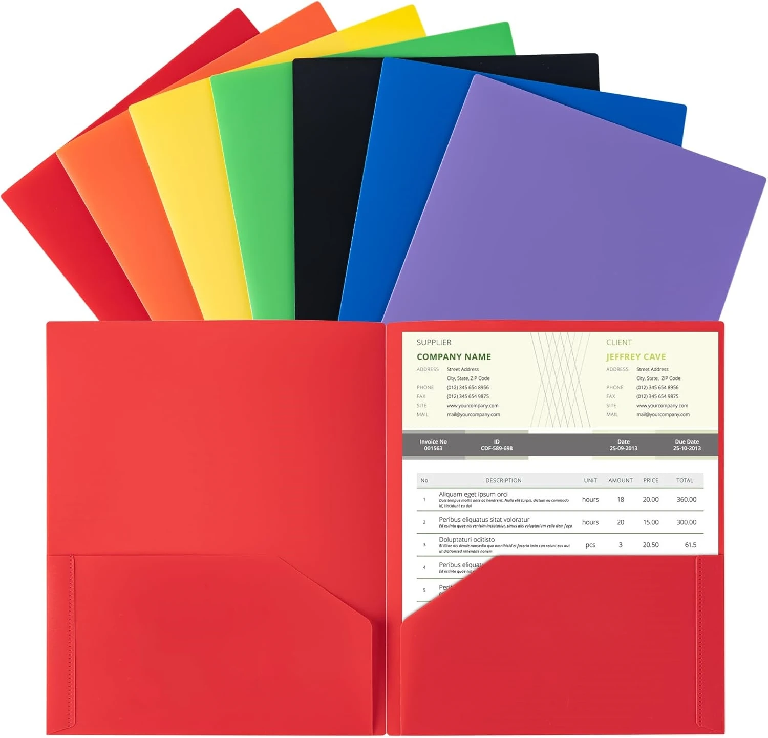 Portadocumentos con bolsillos (paquete de 5, colores surtidos), carpetas resistentes y duraderas con ranura para tarjetas de visita, carpeta de 2 bolsillos