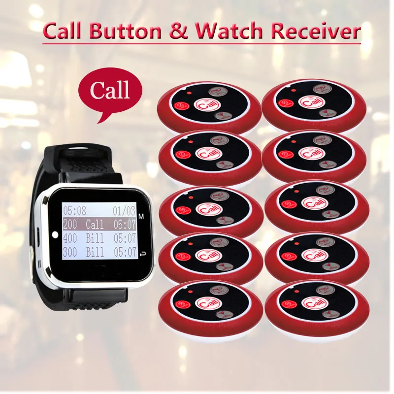 

QWICALL 1pcs Watch Receiver Black Table 10 Button Restaurant Pager Waiter Wireless Calling System For Plant Hospital Bar Cafe