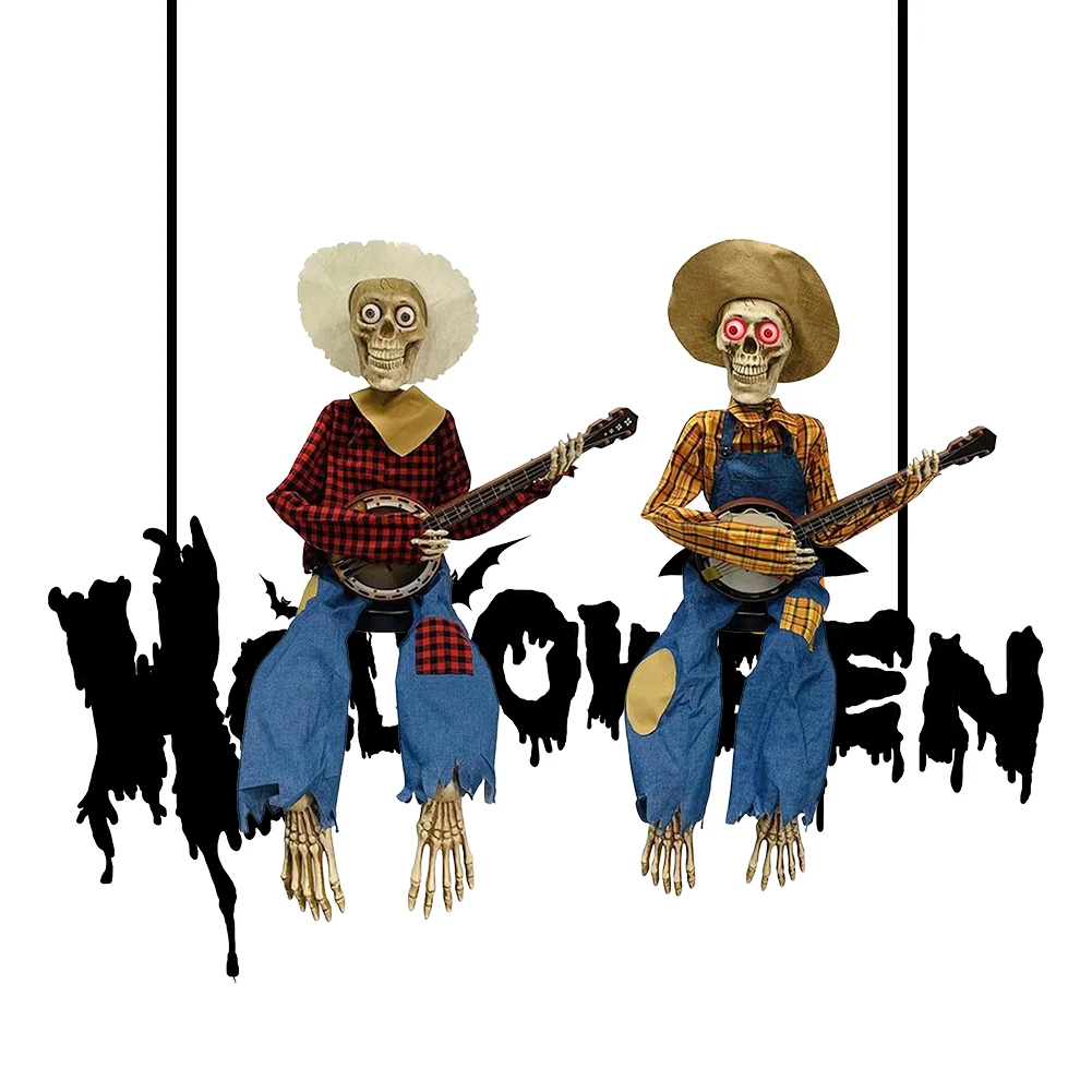 Halloween Banjo Playing Skeleton Ornament with LED Light Spooky Skeleton Ornament Gothic Cowboy Skull Statue for Photo Props