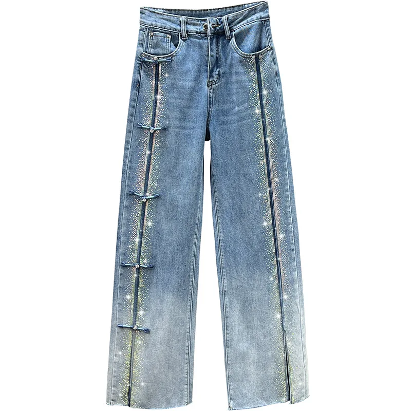 

Hot drilling Design Denim Pants Women Fashion High Waist Loose Wide Leg Jeans s627