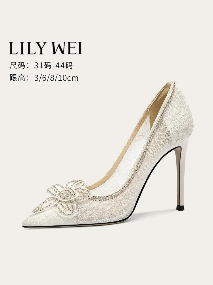 

Spring and summer pointed shallow rhinestone lace wedding shoes thin high-heeled banquet dress large size small size women shoes