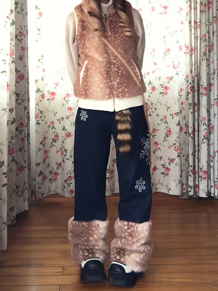 Women's Snowflake Embroidery Loose Fuzzy Edge Straight Leg Jeans Winter New Retro Detachable Furry Leg Warmers Pants
