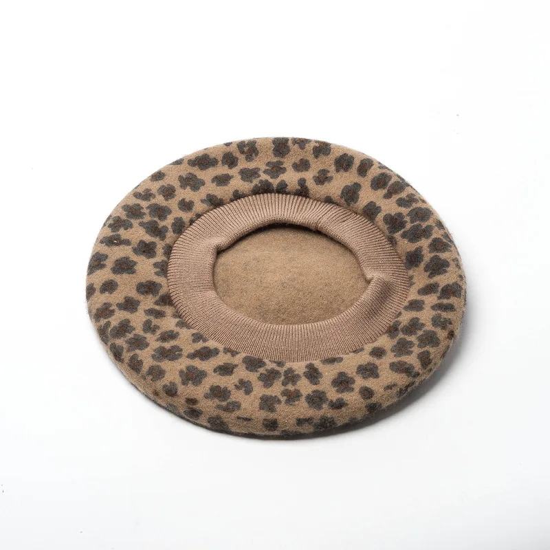 2023Winter New Leopard Print Wool Wool Fabric Women's Beret Artist Hat KnittedThread Elastic Sweat Band Wool Fabric Warm Bud Hat